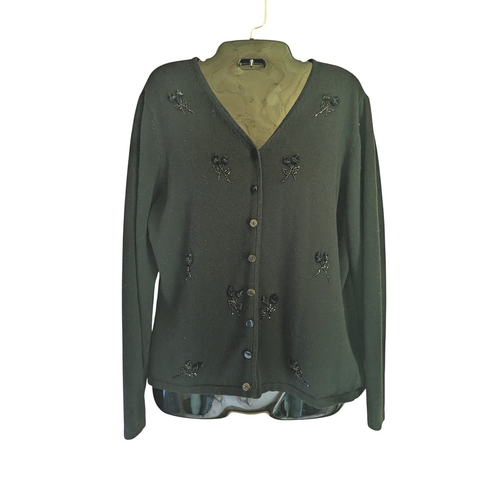 Vintage Yarnworks Cardigan Sweater Women M Beaded Floral Embroidery Cottagecore